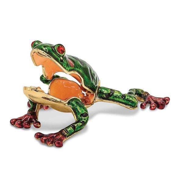 Pewter Bejeweled Crystals Enameled FRANK Red Eyed Frog Trinket Box with Pendant - Picture 2 of 4